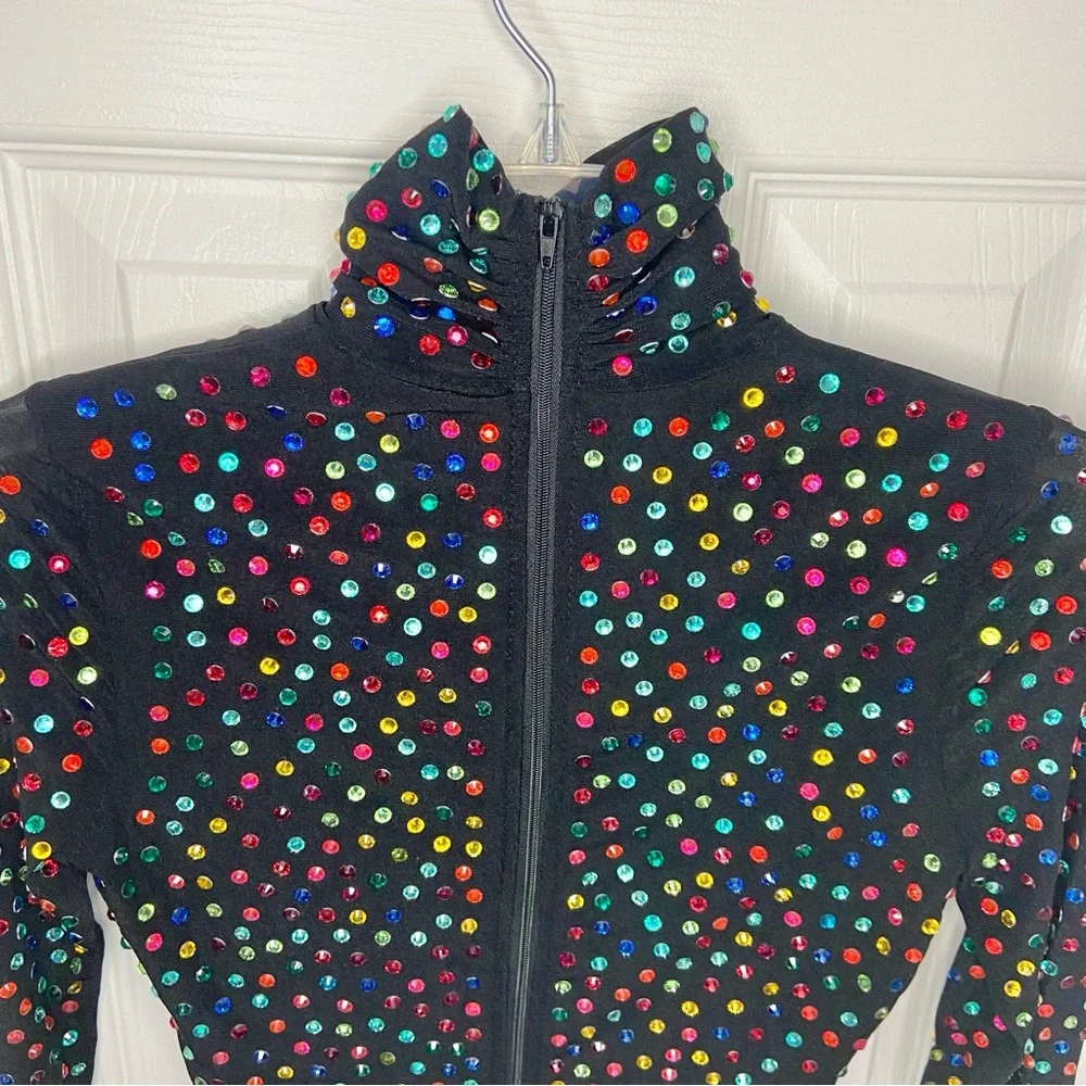 AKIRA Multicolored Rhinestone Bodycon Black Midi Dress Nylon Size Small - Picture 4 of 10